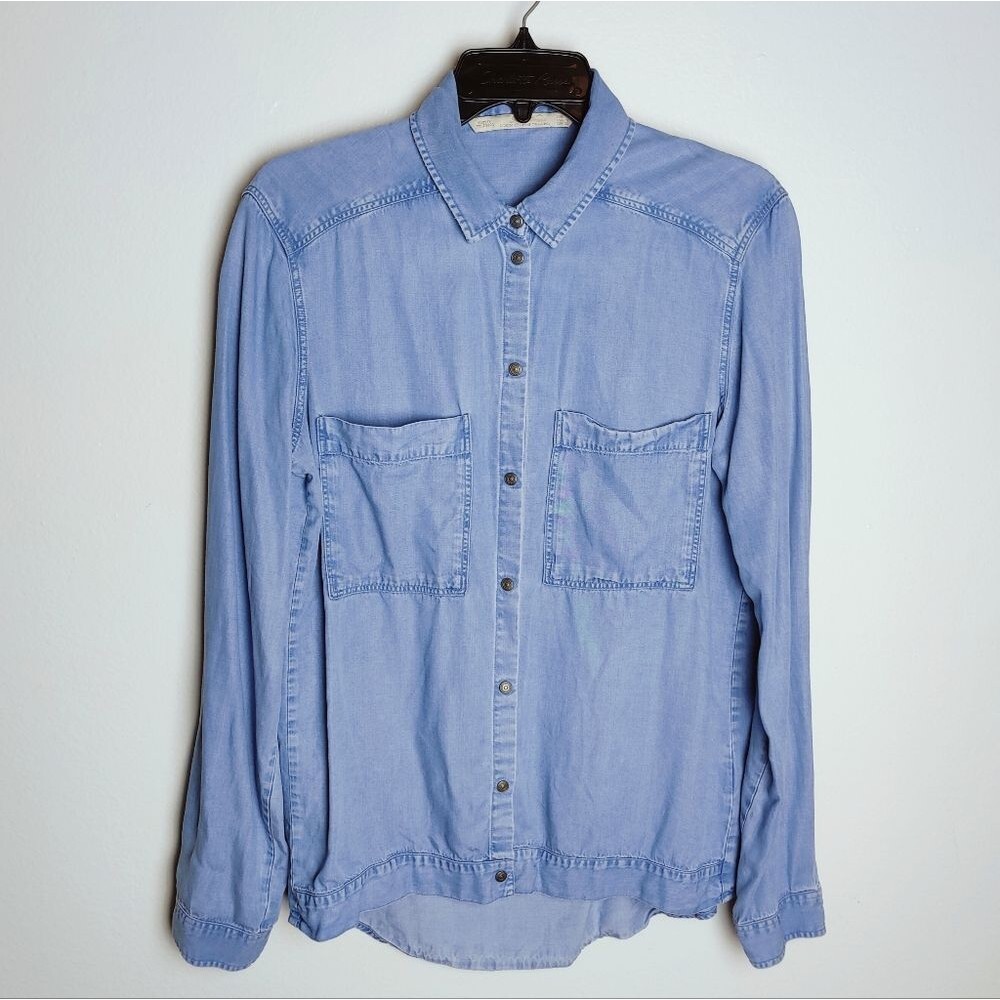Zara Women's Lyocell Denim Button Snap Down Long Sleeve Blouse Shirt, Sz M